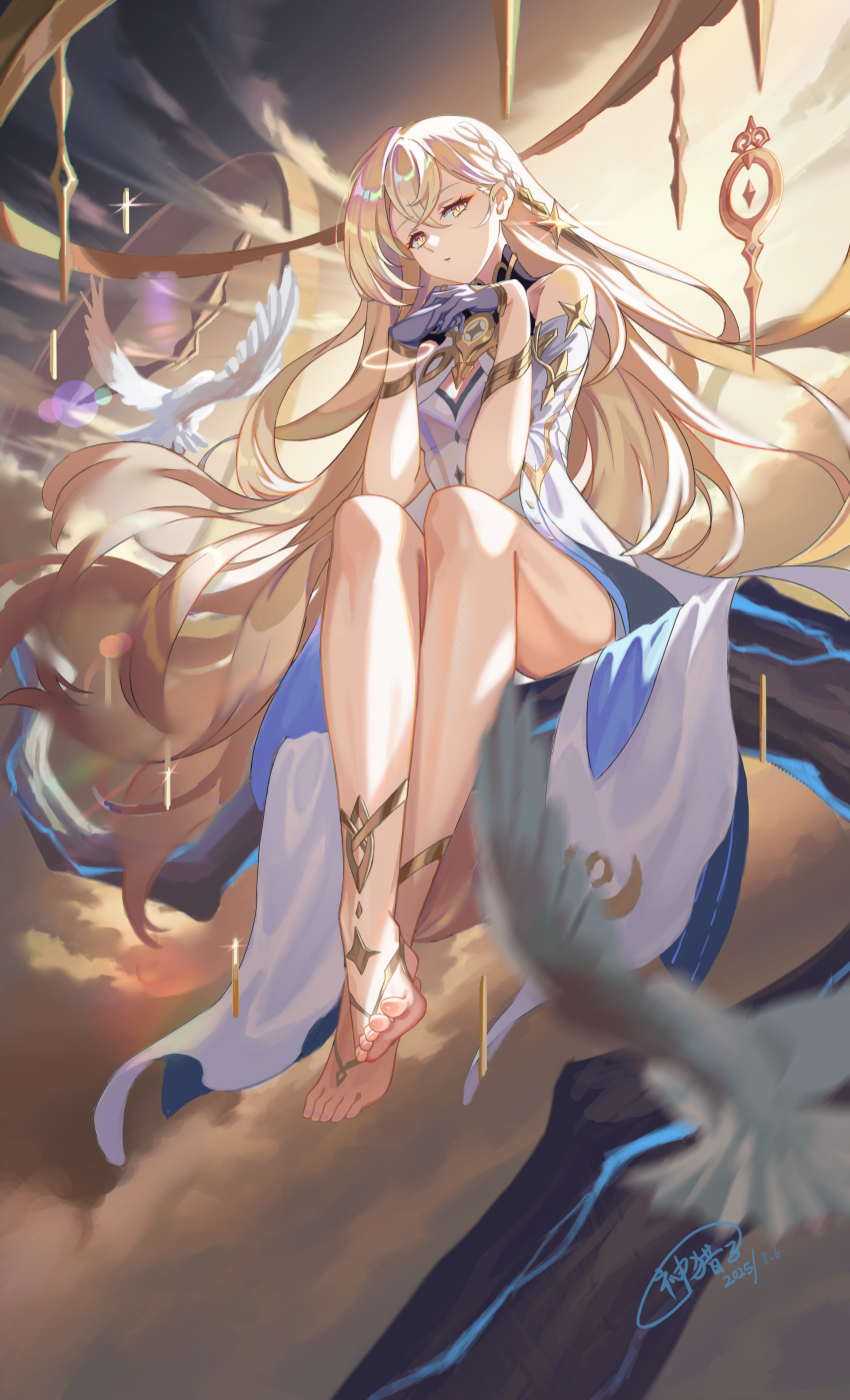 1girl, absurdres, artist_name, bare_shoulders, barefoot, bird, blonde_hair, braid