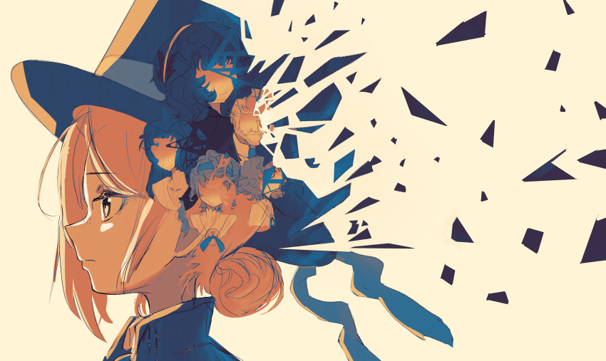 2boys, 3girls, absurdres, boater_hat, closed_mouth, double_exposure, faceless, faceless_female