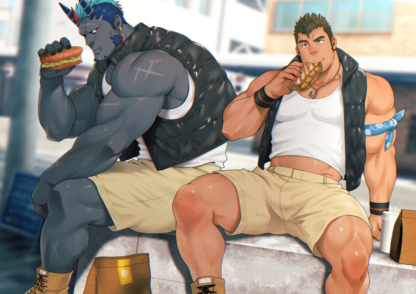 absurdres, bag, bara, blue_hair, brown_hair, copyright_request, food, habaki_(another_eidos)