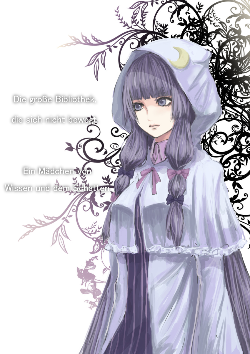 1girl, bad_id, bad_pixiv_id, blunt_bangs, bow, capelet, crescent, dress