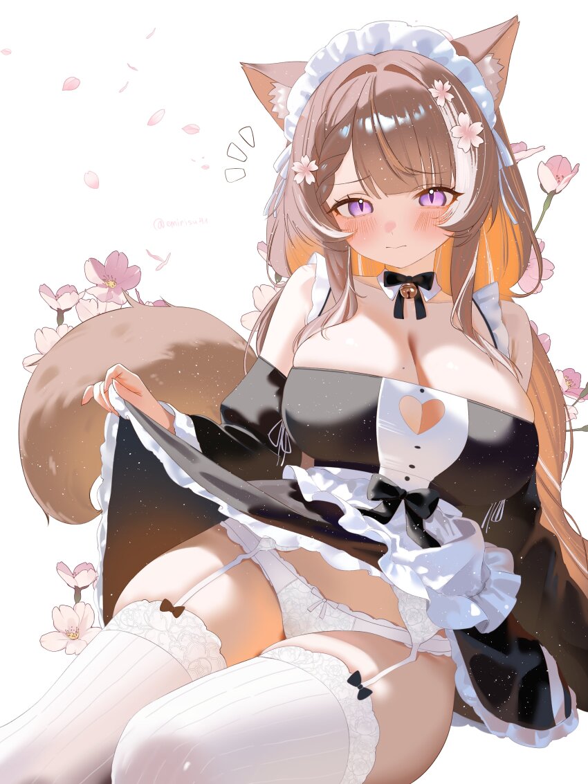 1girl, absurdres, animal_ears, apron, bare_shoulders, bell, black_dress, braid, braided_bangs, breasts, brown_hair, cat_ears, cat_girl, cat_tail, cleavage, cleavage_cutout, clothing_cutout, commission, detached_collar, dress, emirisu, flower, frilled_dress, frills, garter_belt, garter_straps, heart_cutout, highres, holding_own_dress, indie_virtual_youtuber, jingle_bell, large_breasts, light_blush, light_frown, long_hair, looking_at_viewer, maid, maid_headdress, mole, mole_on_breast, neck_bell, neck_ribbon, panties, parted_bangs, pink_flower, purple_eyes, ribbon, sakurai_hana, sidelocks, simple_background, skindentation, solo, tail, thighhighs, underwear, upskirt, virtual_youtuber, waist_apron, white_apron, white_background, white_garter_belt, white_garter_straps, white_panties, white_thighhighs