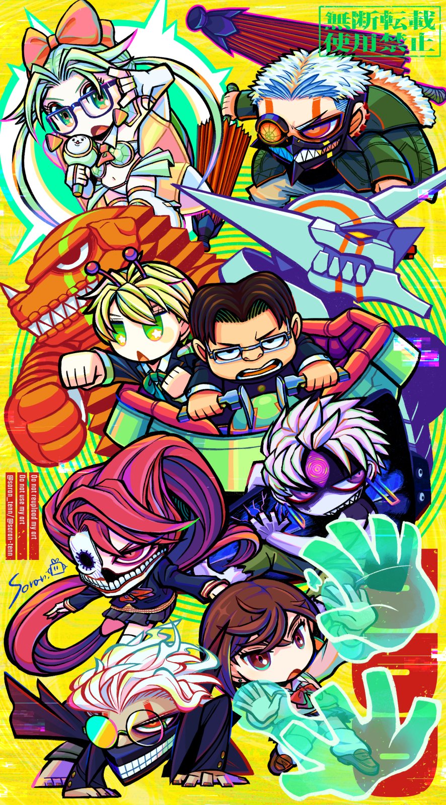 4boys, 4girls, acrobatic_silky_(dandadan), alien, antennae, armor, ayase_momo, bikini_armor