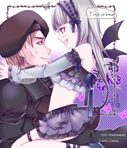 1boy, 1girl, ari_(pixiv), bat_wings, belt, beret, blonde_hair, blush, coat, couple, detached_sleeves, gensou_suikoden, gensou_suikoden_ii, hairband, halloween, hat, kahn_marley, long_hair, miniskirt, naughty_face, open_mouth, red_eyes, short_hair, sierra_mikain, silver_hair, sitting, skirt, strapless, sweatdrop, trench_coat, tube_top, wings