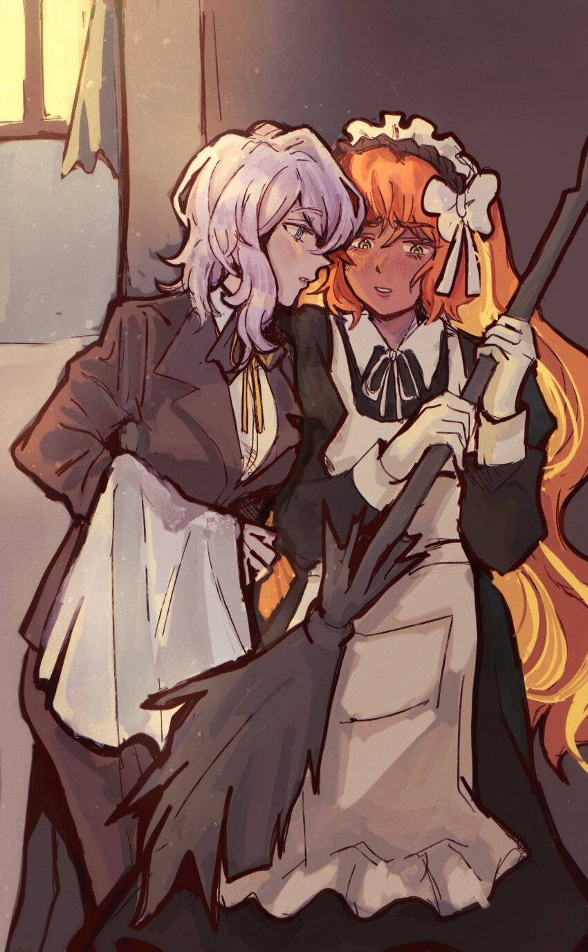 2girls, absurdres, apron, black_dress, blue_eyes, bow, bowtie, broom