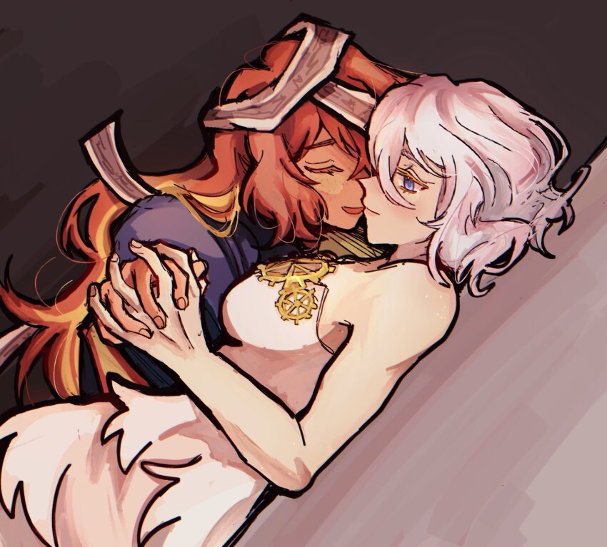 2girls, blue_eyes, clock_print, closed_eyes, dress, everlasting_(e.g.o), faust_(project_moon), grey_background, highres, holding_hands, hundred-footed_death_maggot_(e.g.o), ishmael_(project_moon), krauuu003, limbus_company, long_hair, looking_at_another, multiple_girls, one_eye_covered, orange_hair, project_moon, short_hair, simple_background, talisman, upper_body, wedding_dress, white_dress, white_hair