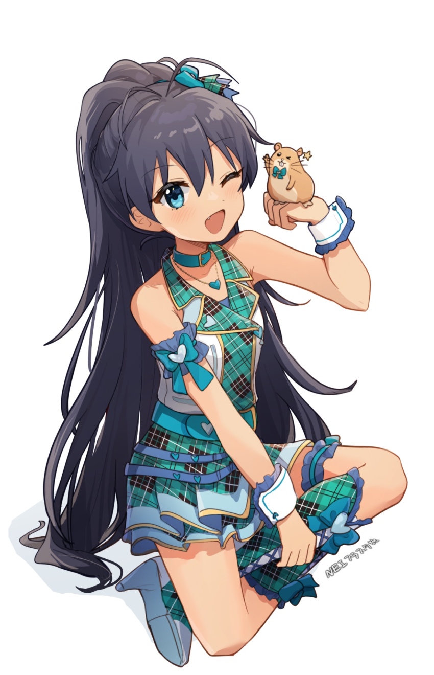 1girl, animal, antenna_hair, aqua_collar, black_hair, boots, check_my_note_(idolmaster), collar