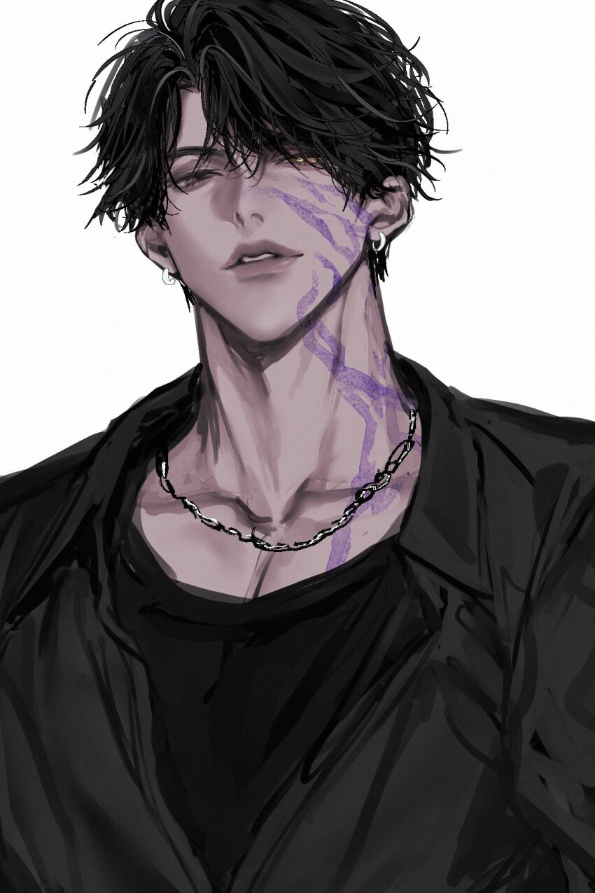1boy, black_hair, black_jacket, black_shirt, body_markings, chain, chain_necklace, earrings