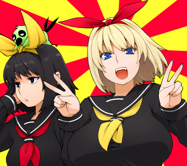 black_eyes, black_hair, blonde_hair, blue_eyes, breasts, dameyo, double_v, freckles