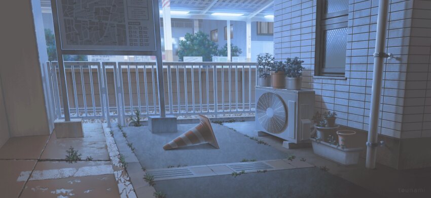 ceiling_light, commentary_request, condenser_unit, fence, highres, industrial_pipe, map_(object), no_humans