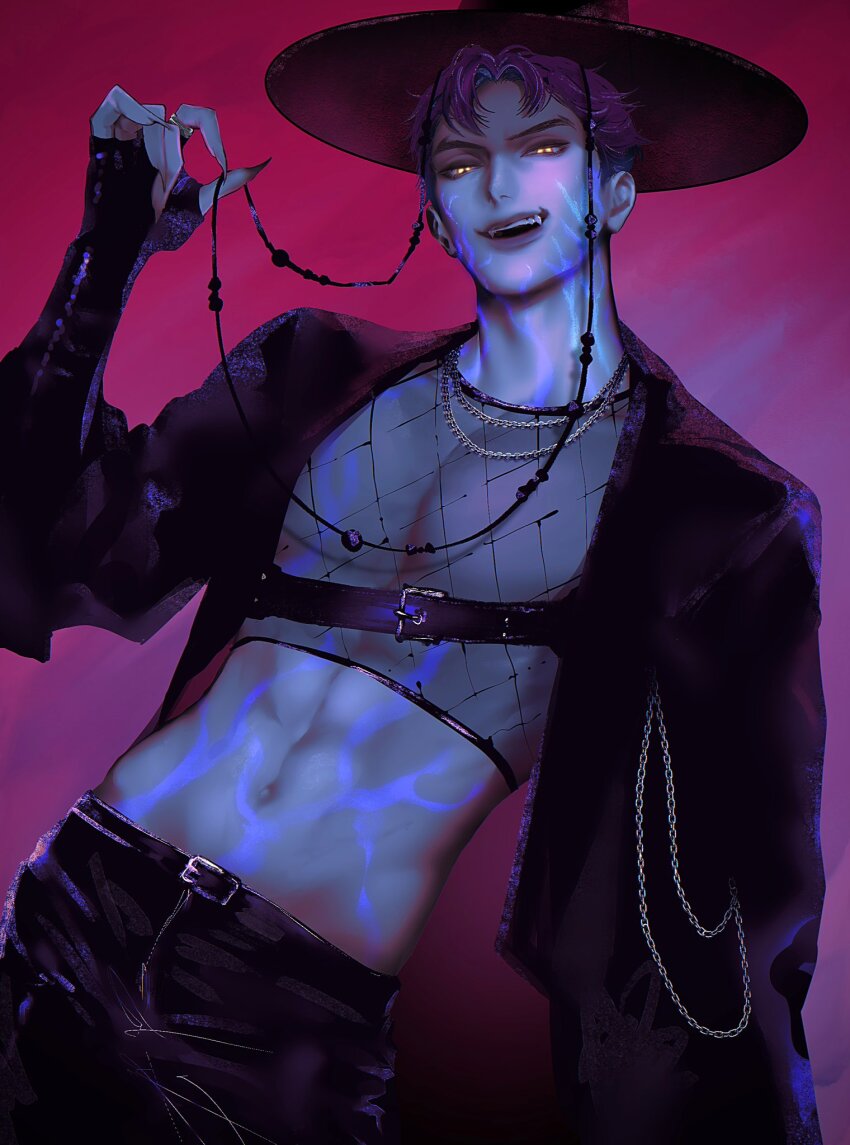 1boy, abby_(kpop_demon_hunters), abs, black_jacket, black_pants, body_markings, chain, demon