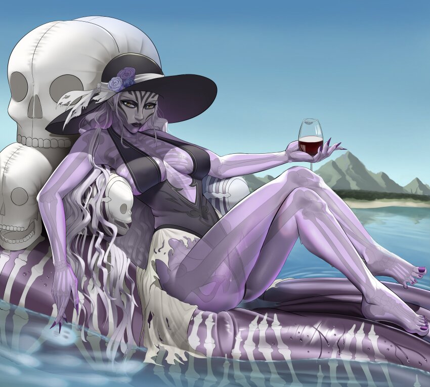 1girl, absurdres, alcohol, beach, black_lips, black_one-piece_swimsuit, blue_sky, bone, breasts, cleavage, commission, commissioner_upload, covered_erect_nipples, covered_navel, crossed_legs, cup, cupping_glass, demdeet, dress, drinking_glass, facial_mark, fingernails, fire_emblem, fire_emblem_heroes, flower, hat, hel_(fire_emblem), highleg, highleg_one-piece_swimsuit, highres, holding, holding_cup, inflatable_chair, lake, long_fingernails, looking_at_viewer, mountain, nail_polish, nintendo, one-piece_swimsuit, red_wine, rose, see-through_body, sharp_fingernails, sitting, skeleton, skull, sky, sun_hat, swimsuit, thighs, toenails, torn_clothes, torn_dress, translucent, water, wet, wine, wine_glass