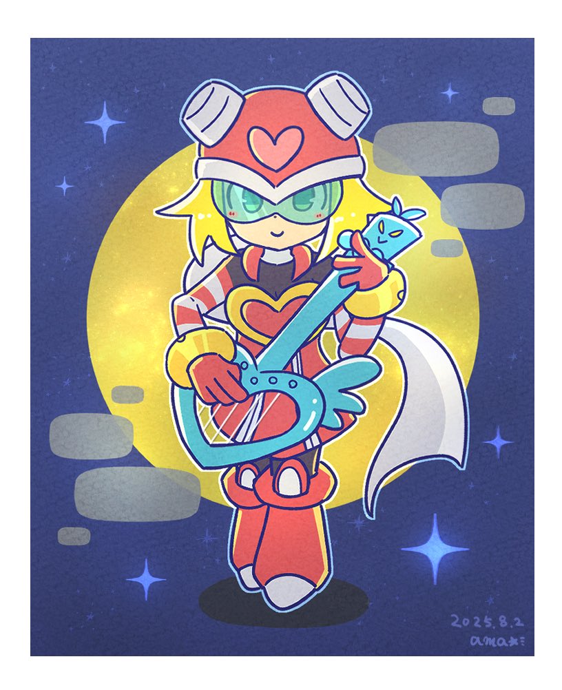 1girl, ama_megaman, artist_name, assault_visor, black_bodysuit, blonde_hair, blush, bodysuit, border, closed_mouth, dated, dress, full_body, full_moon, guitar, harp_note_(mega_man), helmet, holding, holding_guitar, holding_instrument, instrument, long_sleeves, looking_at_viewer, mega_man_(series), mega_man_star_force_(series), moon, scarf, short_hair, smile, sonia_strumm_(mega_man), white_border, white_scarf