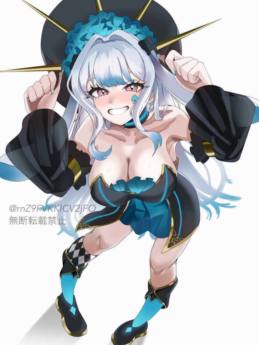 1girl, artist_name, bare_shoulders, black_dress, black_sleeves, blue_hair, blush, breasts, cleavage, commentary_request, detached_sleeves, dress, duel_monster, eyelashes, full_body, highres, large_breasts, long_hair, maliss_<p>_march_hare, purple_eyes, sagyo_nemunemu, simple_background, solo, spade_(shape), twitter_username, white_background, yu-gi-oh!