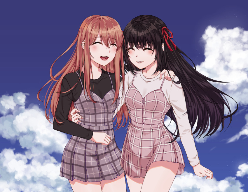 alternate_costume, ash_(pixiv42587695), black_hair, blue_sky, brown_hair, closed_eyes, dress, hair_ribbon