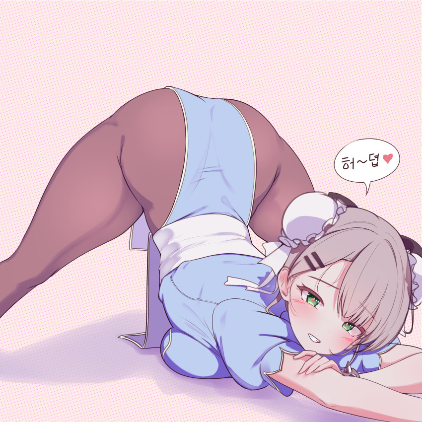 1girl, absurdres, ass, blue_dress, blush, bow, bracelet, breast_press, breasts, brown_pantyhose, bun_cover, capcom, china_dress, chinese_clothes, chun-li, chun-li_(cosplay), cosplay, double_bun, dress, green_eyes, grey_hair, grin, hair_bow, hair_bun, hair_ornament, hair_ribbon, hairclip, heart, highres, jack-o'_challenge, jewelry, korean_text, looking_at_viewer, medium_breasts, meme, pantyhose, pelvic_curtain, puffy_short_sleeves, puffy_sleeves, rapid17, ribbon, short_sleeves, smile, solo, speech_bubble, spiked_bracelet, spikes, spoken_heart, street_fighter, top-down_bottom-up, viichan, virtual_youtuber, waktaverse