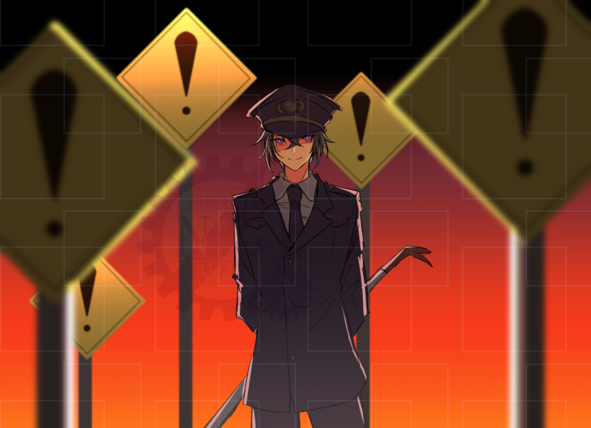 1boy, blue_eyes, blue_hair, crowbar, hat, holding, holding_crowbar, japan_national_police, kaii_shoukougun, kaii_shoukougun_2, kogure_shinichi, mikogami_(pixiv6083795), necktie, peaked_cap, police, police_hat, police_uniform, policeman, road_sign, short_hair, sign, smile, solo