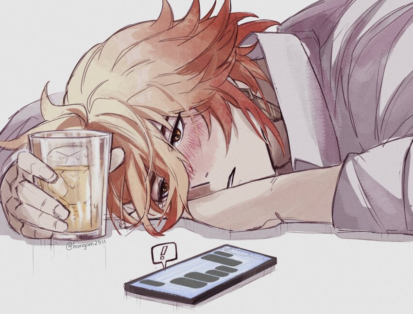!, 1boy, blonde_hair, blush, cellphone, collared_shirt, cup, drinking_glass