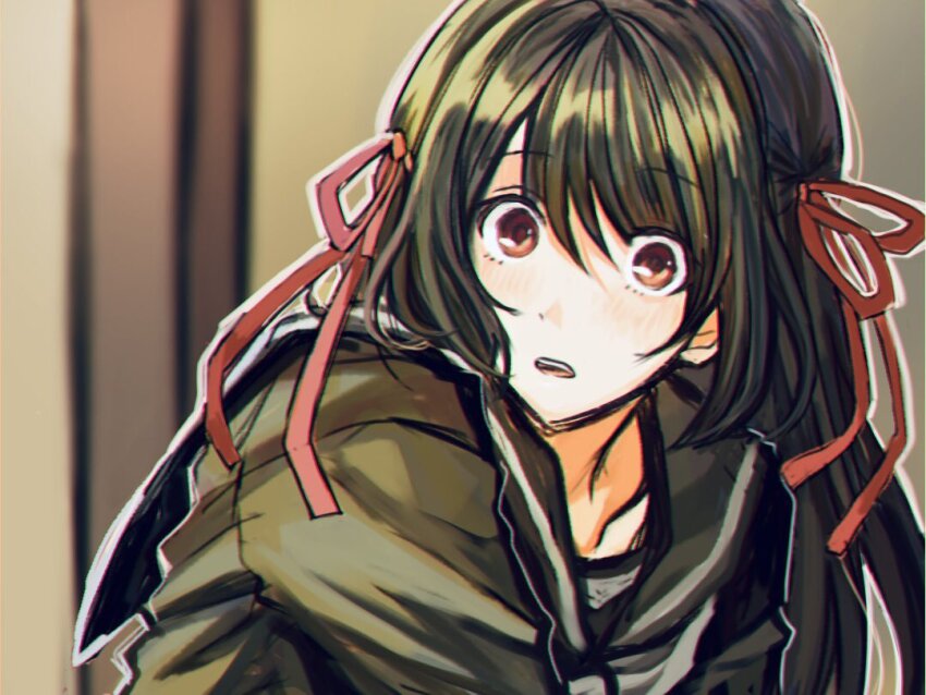 1girl, black_hair, black_serafuku, hair_ornament, hair_over_shoulder, hair_ribbon, himeno_mikoto, kaii_shoukougun, long_hair, meme, red_ribbon, ribbon, sailor_moon_redraw_challenge_(meme), school_uniform, serafuku, upper_body, wakaba_(pixiv85367815)