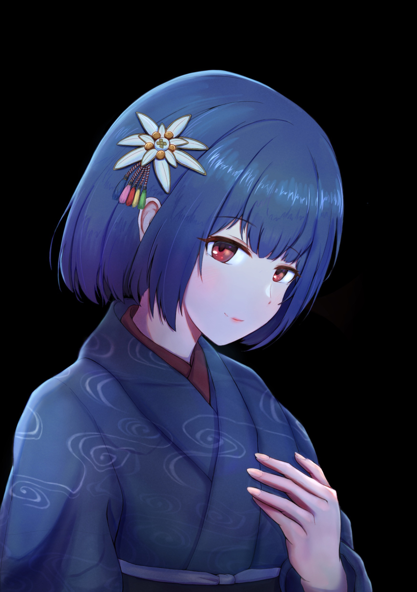 1girl, absurdres, alternate_hairstyle, bag1945, black_background, blue_hair, blue_kimono, fingernails
