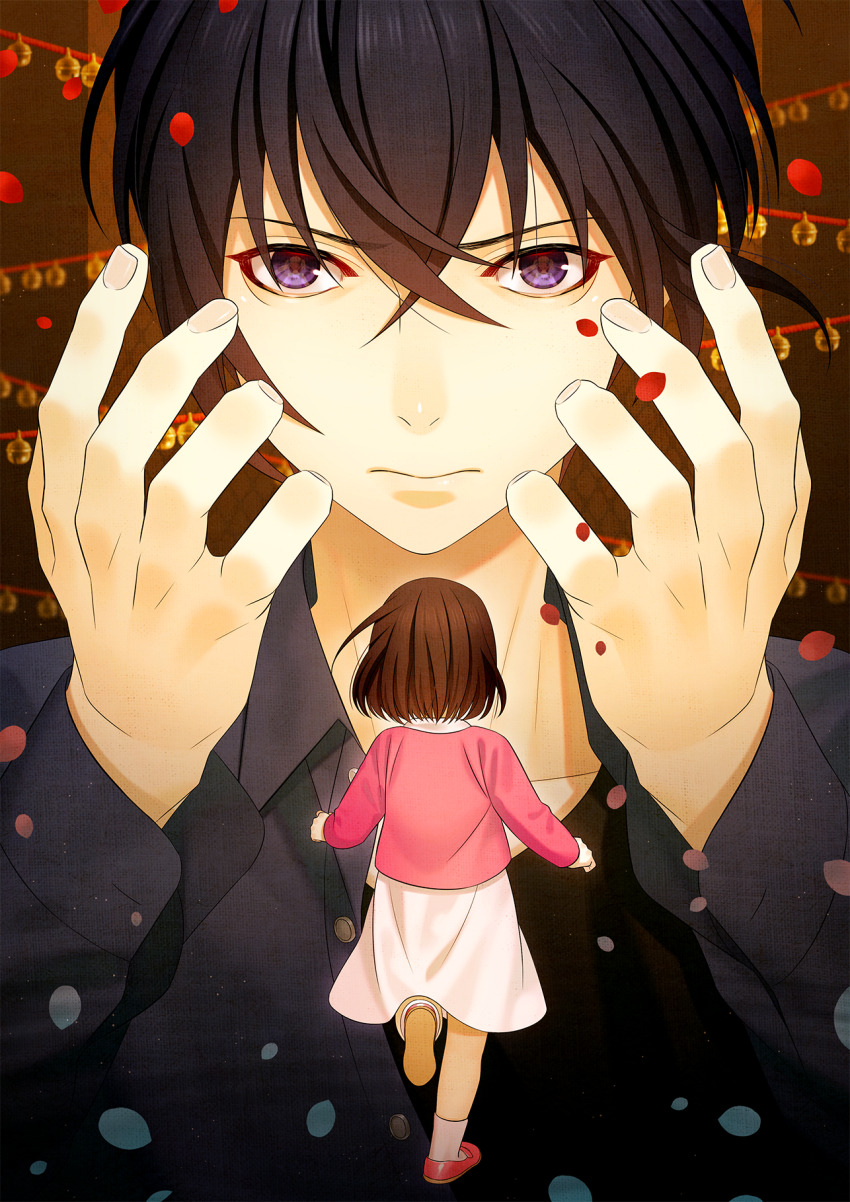 1boy, black_hair, blue_eyes, blue_hair, blue_jacket, dress, fleeing, from_behind