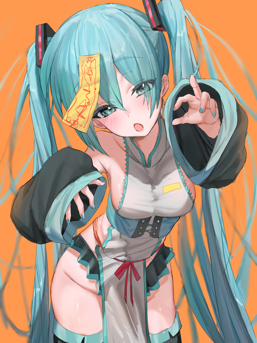 1girl, :o, aqua_corset, aqua_eyes, aqua_hair, aqua_nails, aqua_trim, bare_shoulders, black_boots, black_skirt, black_sleeves, black_thighhighs, blush, boots, breasts, collarbone, commentary, corset, cowboy_shot, detached_sleeves, groin, hair_between_eyes, hair_tie, hatsune_miku, head_tilt, highres, jiangshi, kanimiso_uni, leaning_forward, long_hair, looking_at_viewer, microskirt, naked_tabard, no_panties, ofuda, ofuda_on_head, open_mouth, orange_background, orange_ribbon, outstretched_arms, pleated_skirt, reaching, reaching_towards_viewer, ribbon, shirt, skirt, sleeves_past_wrists, small_breasts, solo, tabard, taut_clothes, taut_shirt, thigh_boots, thighhighs, twintails, very_long_hair, vocaloid, waist_ribbon, white_shirt, white_tabard, zombie_pose