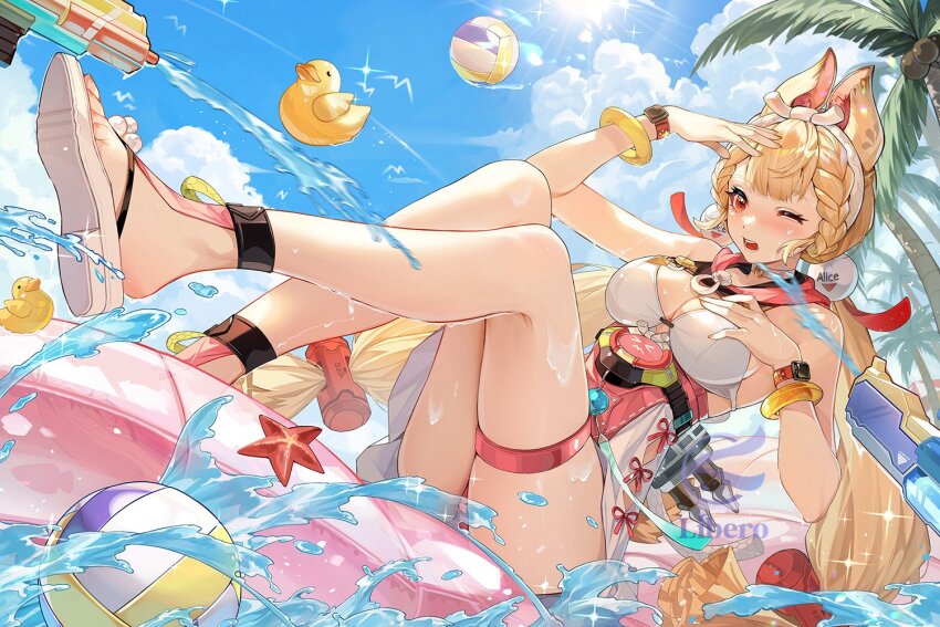 1girl, alice_thymefield, alice_thymefield_(sea_of_thyme), animal_ears, blonde_hair, blue_sky, blush, braid, breasts, cleavage, cloud, day, dress_swimsuit, ear-to-ear, feet, hair_ornament, knees_together_feet_apart, legs, libero_art, long_hair, low_twintails, official_alternate_costume, one_eye_closed, open_mouth, outdoors, rabbit_ears, rabbit_girl, red_eyes, sandals, sky, sphere_hair_ornament, teeth, thigh_strap, thighs, toenails, toes, twintails, upper_teeth_only, very_long_hair, water, water_gun, white_sandals, zenless_zone_zero