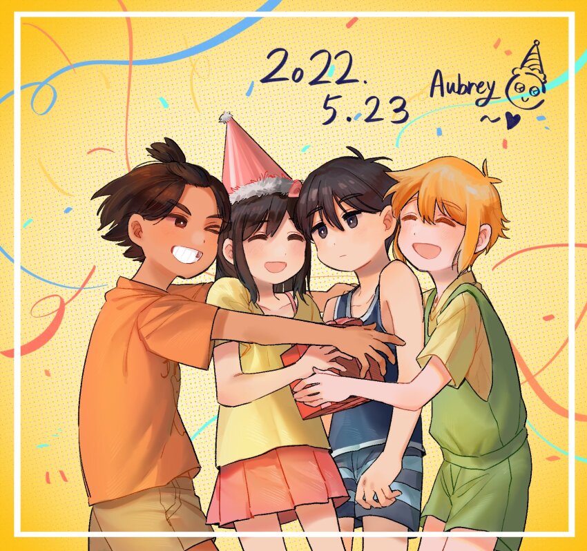 >_<, 1girl, 3boys, aged_down, alternate_costume, antenna_hair, aubrey_(faraway)_(omori), aubrey_(omori)