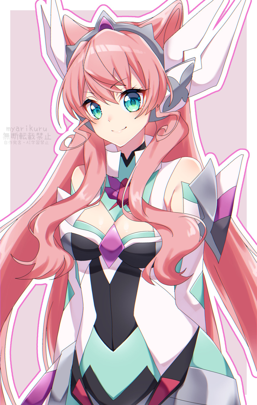 1girl, absurdres, artist_name, bare_shoulders, border, breasts, cleavage, detached_sleeves