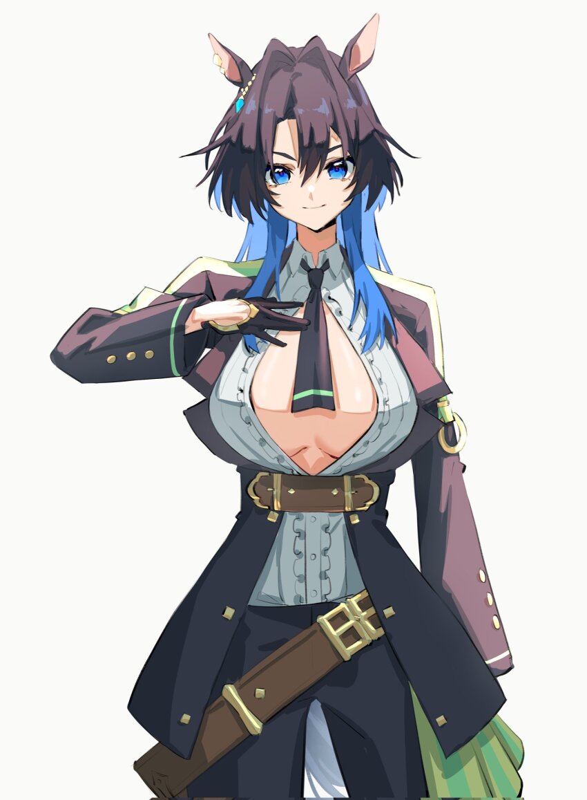 1girl, animal_ears, black_gloves, black_hair, black_jacket, black_necktie, black_pants, blue_eyes