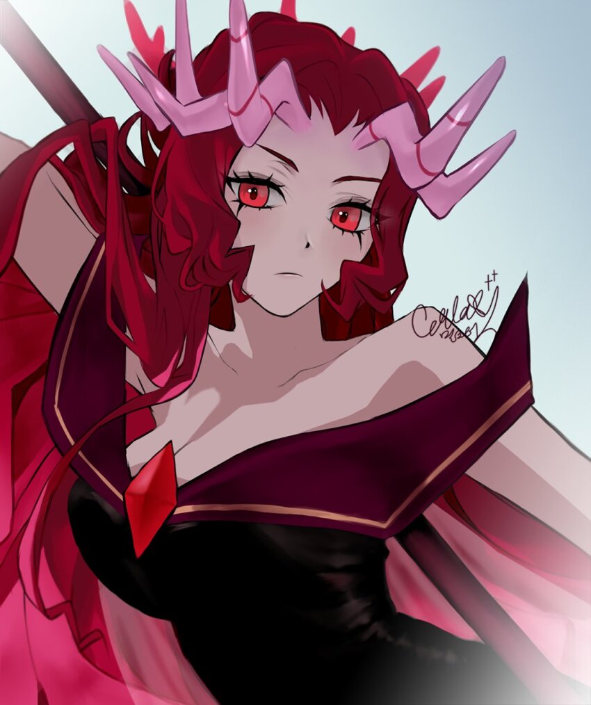 1girl, arm_behind_head, bare_shoulders, black_shirt, breasts, brooch, cleavage, closed_mouth, collarbone, commentary_request, cookie_run, cookie_run:_kingdom, crimson_coral_cookie, curly_sidelocks, eunha_milktea, eyelashes, frown, grey_background, highres, holding, holding_polearm, holding_weapon, horns, humanization, jewelry, korean_commentary, large_breasts, long_hair, looking_at_viewer, multiple_horns, off-shoulder_shirt, off_shoulder, pink_horns, polearm, red_eyes, red_hair, shirt, simple_background, solo, tsurime, turning_head, upper_body, very_long_hair, weapon