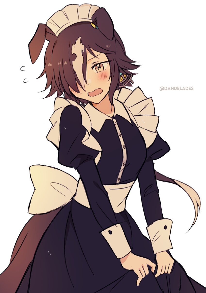 1girl, absurdres, alternate_costume, animal_ears, back_bow, black_dress, bow, brown_hair, collar, cowboy_shot, des_(desoowee), dress, ears_down, enmaided, flying_sweatdrops, frilled_collar, frills, highres, horse_ears, horse_girl, horse_tail, juliet_sleeves, long_dress, long_sleeves, maid, maid_headdress, multicolored_hair, puffy_sleeves, short_hair, sleeve_cuffs, solo, tail, twitter_username, two-tone_hair, umamusume, vodka_(umamusume), white_bow, white_hair, yellow_eyes