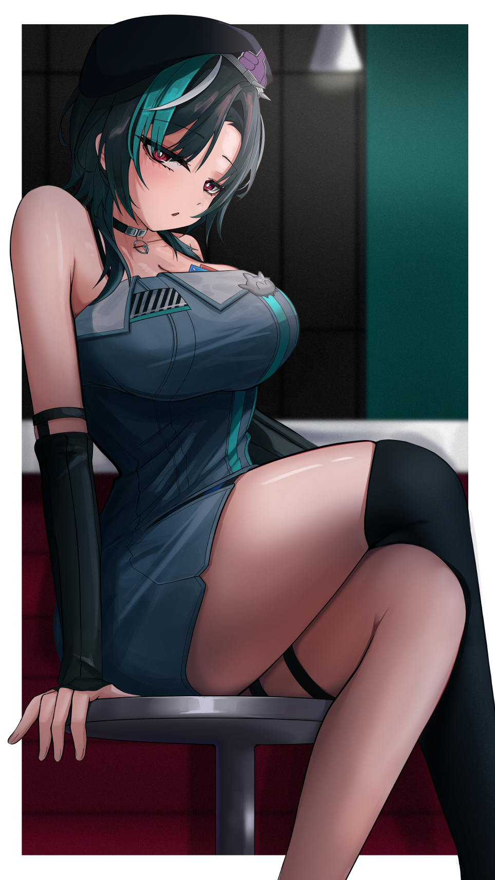 1girl, aqua_hair, black_dress, black_hair, breasts, cleavage, collarbone, crossed_legs