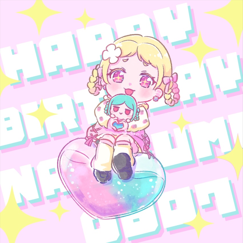 +_+, 1girl, :3, :d, abukero, aqua_hair, black_shoes, blonde_hair