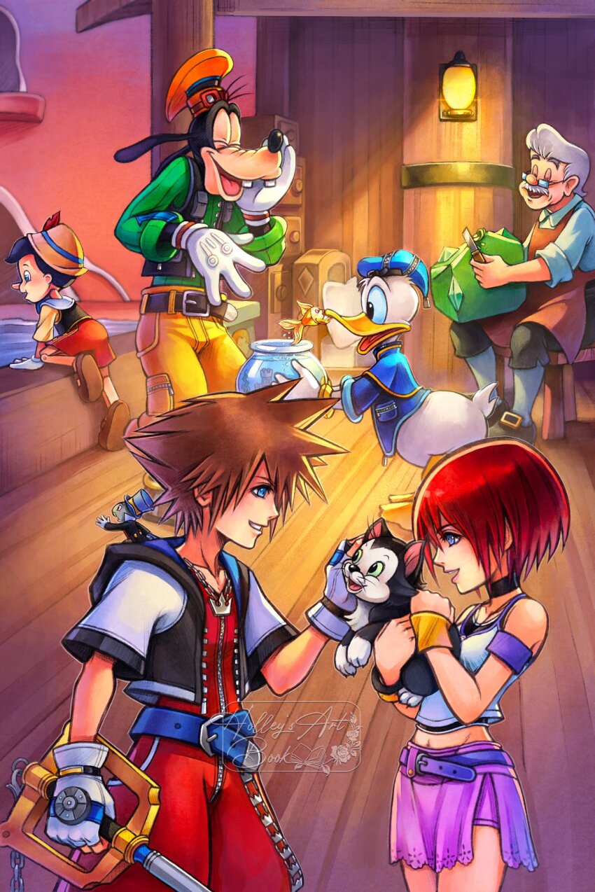 1girl, 6+boys, animal, apron, belt, belt_buckle, blue_belt, blue_eyes, boat, brown_apron, buckle, bug, cat, closed_eyes, commentary, donald_duck, english_commentary, facial_hair, figaro_(disney), fingerless_gloves, fish, furry, furry_male, geppetto_(disney), glasses, gloves, goofy, grin, highres, holding, holding_weapon, hollypolllyy, jacket, jewelry, jiminy_cricket, kairi_(kingdom_hearts), keyblade, kingdom_hearts, kingdom_hearts_i, kingdom_key, long_sleeves, multiple_boys, mustache, necklace, nomura_tetsuya_(style), old, old_man, open_clothes, open_jacket, pinocchio_(disney_character), pinocchio_(disney_movie), profile, purple_skirt, red_hair, short_sleeves, skirt, smile, sora_(kingdom_hearts), water, watercraft, weapon, white_gloves