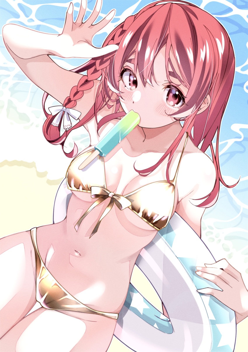 1girl, absurdres, arm_up, bare_shoulders, beach, bikini, blush, bow