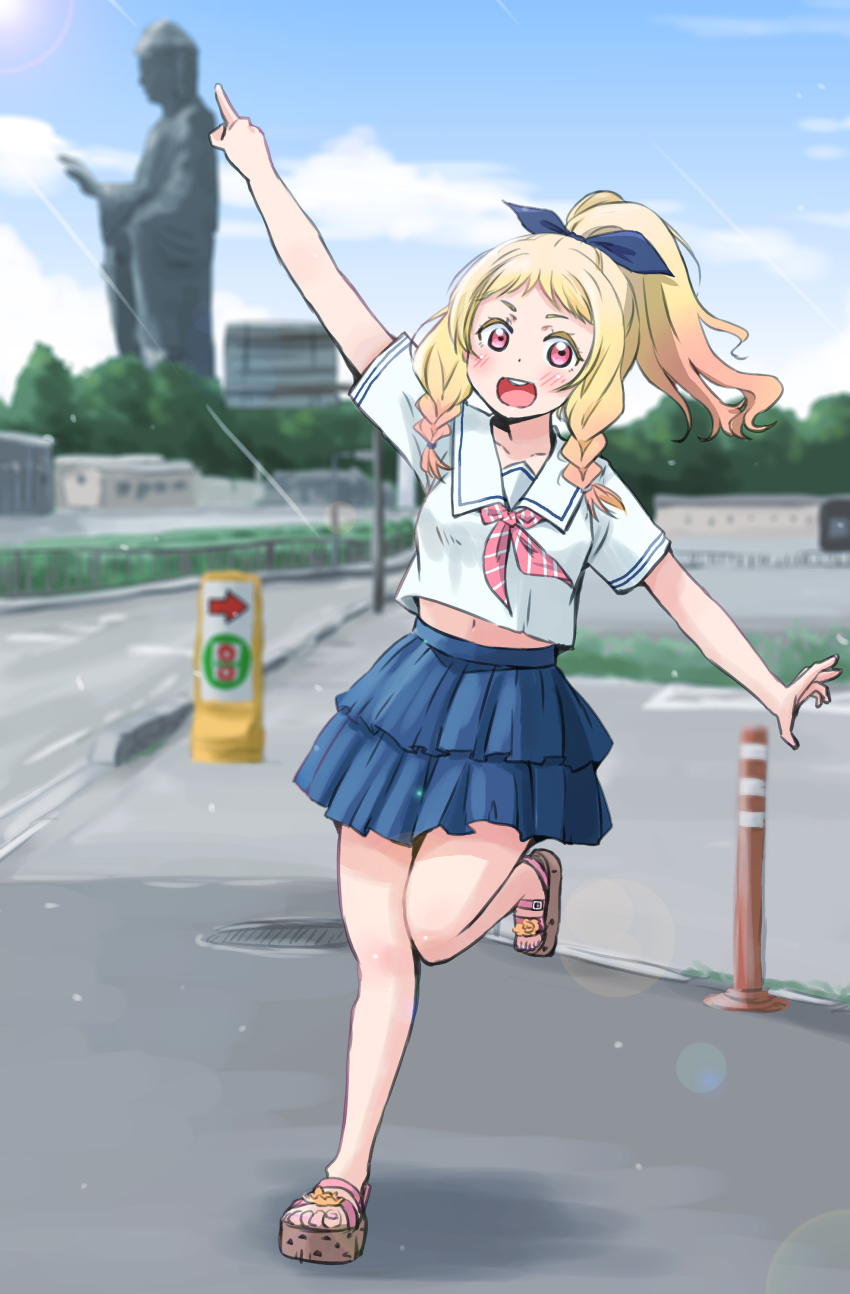 1girl, :d, absurdres, blonde_hair, blue_skirt, blue_sky, blush, braid
