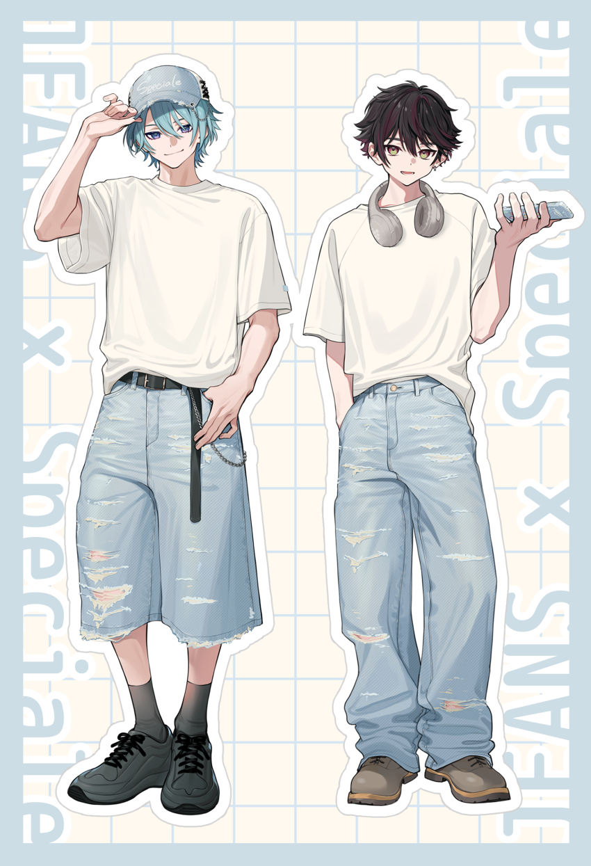 2boys, :d, aqua_hair, baggy_pants, baseball_cap, belt, belt_buckle, black_belt, black_hair, black_shoes, black_socks, blue_border, blue_eyes, blue_hat, blue_pants, blue_shorts, border, brown_shoes, buckle, cellphone, chain, closed_mouth, commentary_request, denim, denim_shorts, ear_piercing, earrings, green_eyes, grid_background, hair_between_eyes, hand_in_pocket, hand_on_headwear, hand_up, hat, headphones, headphones_around_neck, highres, holding, holding_phone, jeans, jewelry, looking_at_viewer, lower_teeth_only, male_focus, multicolored_eyes, multicolored_hair, multiple_boys, nagisa_trout, nijisanji, open_mouth, outline, pants, phone, piercing, purple_eyes, purple_hair, sakayori_soma, shirt, shoes, short_hair, short_sleeves, shorts, smartphone, smile, smirk, socks, streaked_hair, t-shirt, teeth, thumb_in_pocket, torn_clothes, torn_jeans, torn_pants, torn_shorts, two-tone_eyes, virtual_youtuber, wallet_chain, white_hat, white_outline, white_shirt, yellow_background, yuu_(higashi_no_penguin)