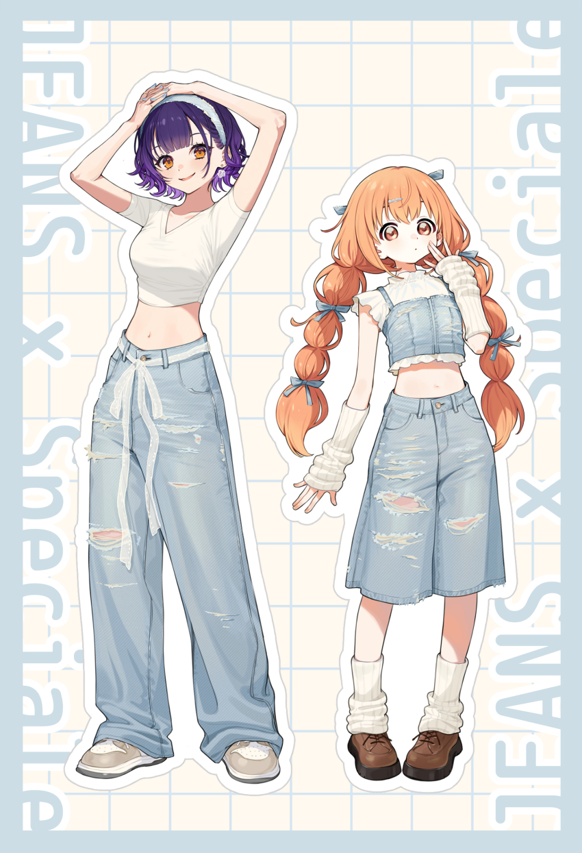 2girls, :o, arm_warmers, arms_up, baggy_pants, blue_border, blue_bow, blue_hairband