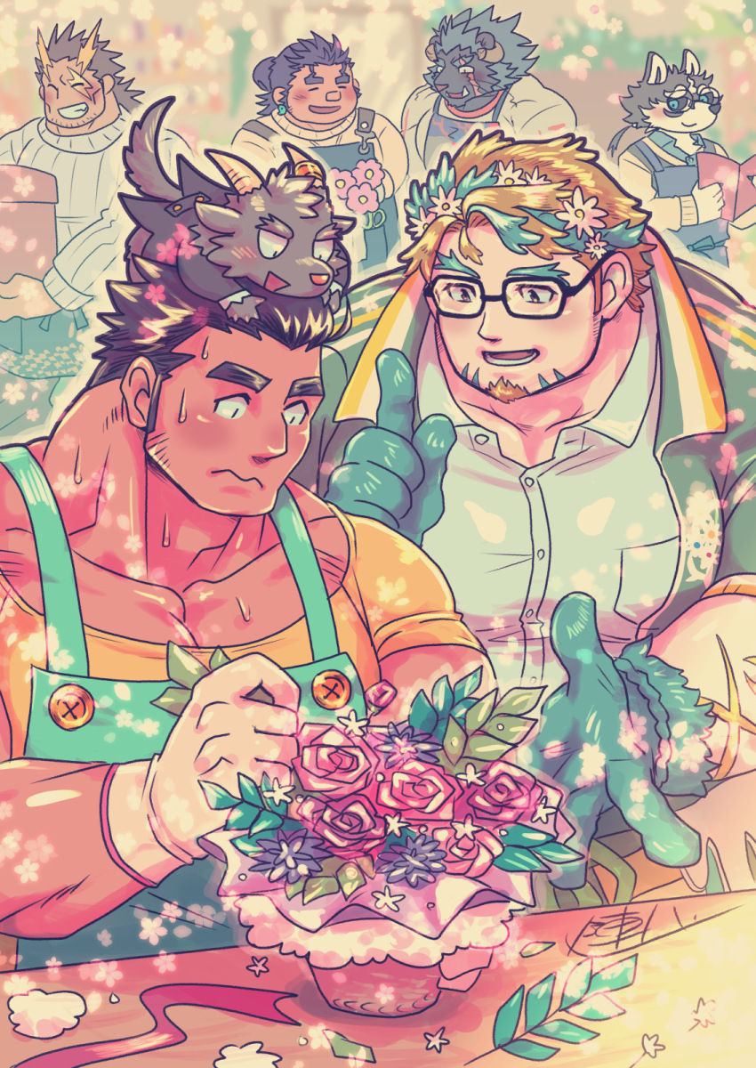 bara, blonde_hair, bouquet, brown_hair, chibi, flower, furry, furry_male