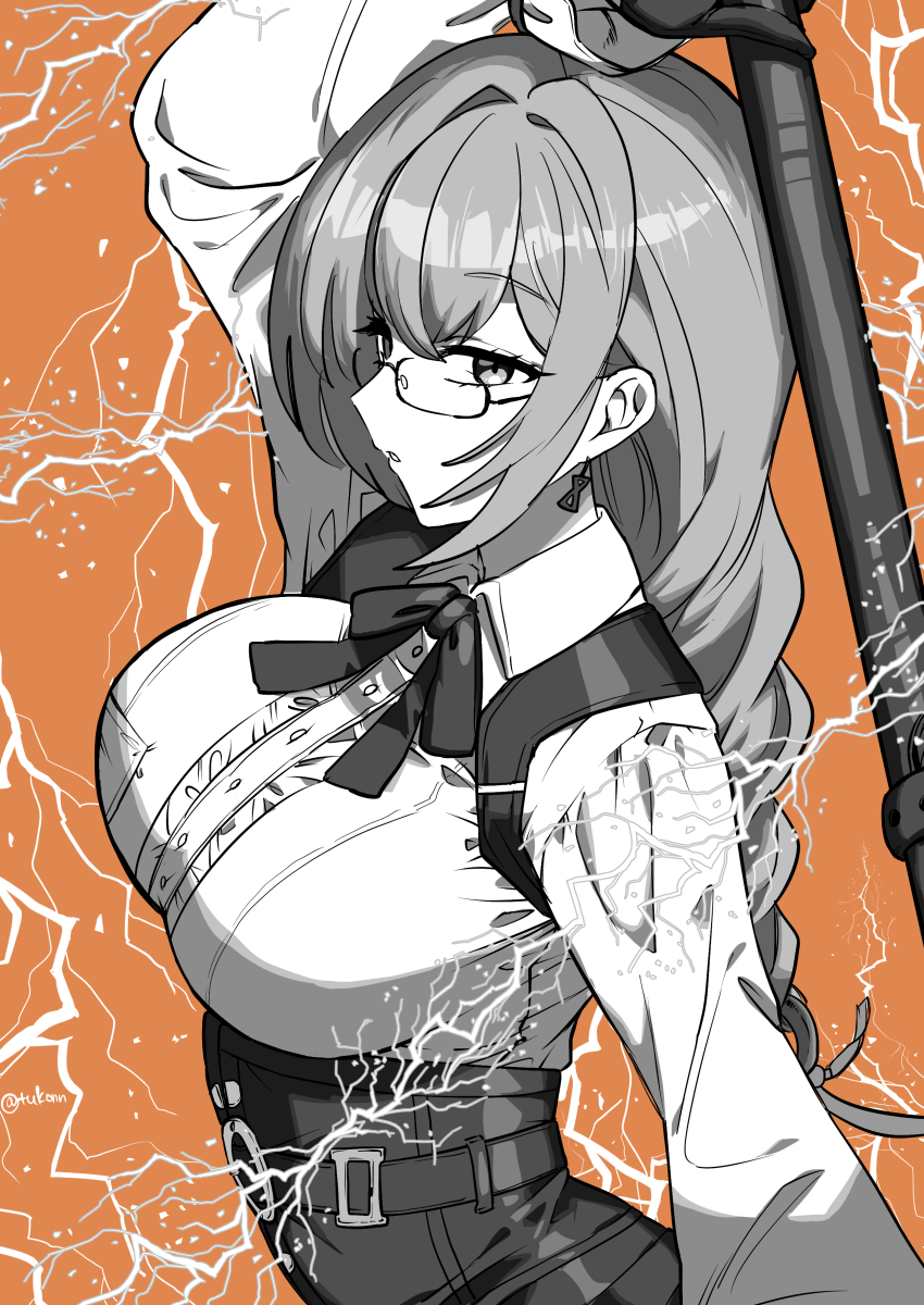 1girl, absurdres, arm_up, breasts, collared_shirt, commentary_request, earrings, electricity