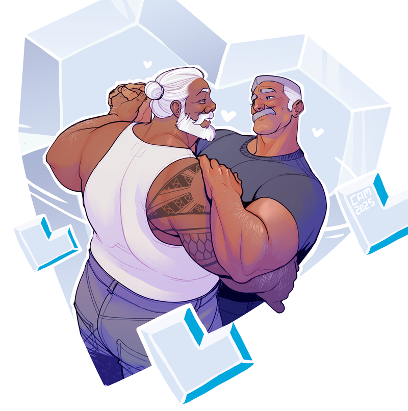 2boys, bara, beard, cam_(g0rlassar), couple, dancing, facial_hair, feet_out_of_frame
