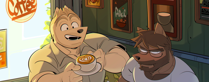 2boys, absurdres, averting_eyes, bara, beard, ben_(bansak), cafe, connected_beard, couple, facial_hair, full_beard, furry, furry_male, furry_with_furry, highres, large_pectorals, latte_art, male_focus, mature_male, multiple_boys, muscular, muscular_male, original, pectorals, short_hair, shy, thick_beard, thick_eyebrows, upper_body, yaoi