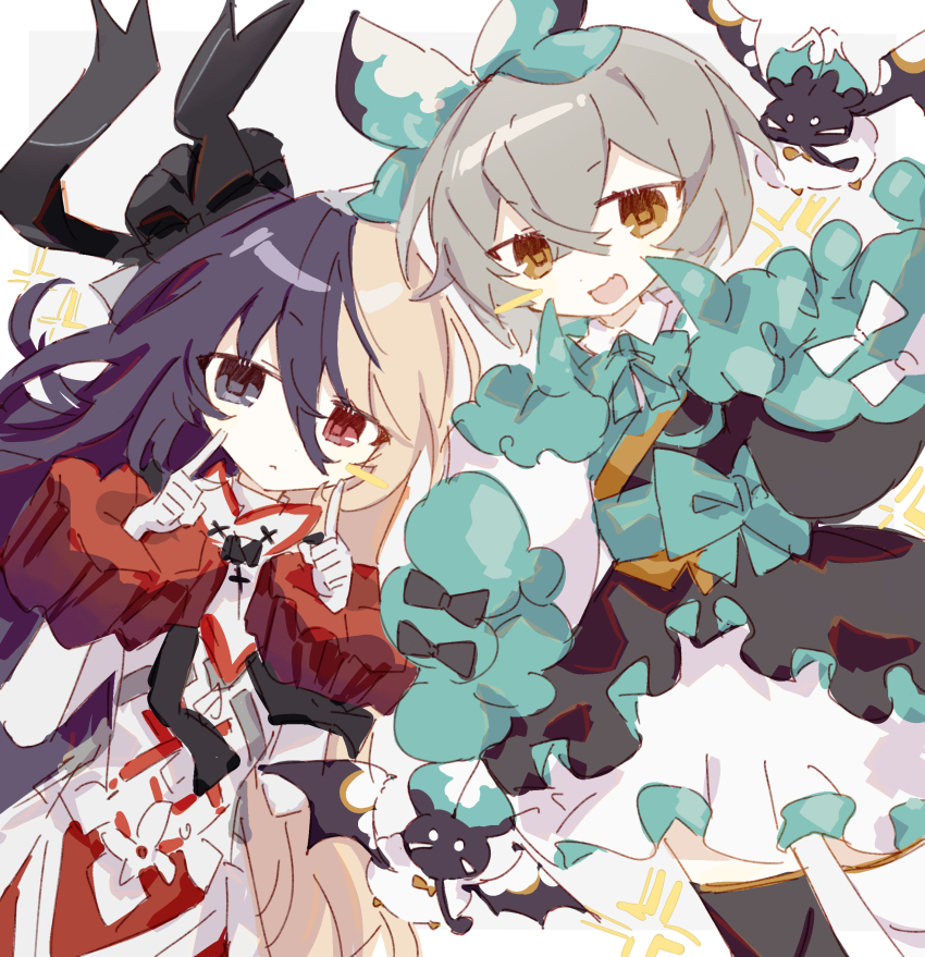 2girls, arcaea, asymmetrical_legwear, ayu_(arcaea), black_bow, black_bowtie, black_dress, black_eyes