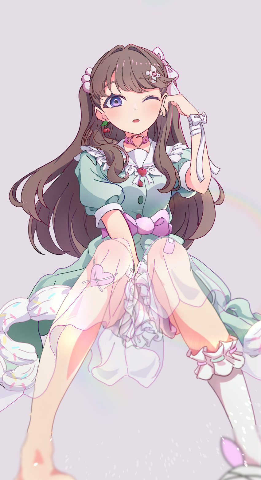 1girl, ;d, absurdres, aqua_dress, bandaid, bandaid_hair_ornament, bandaid_on_knee, bandaid_on_leg