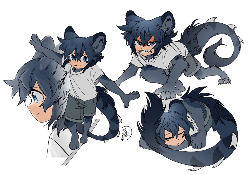 1boy, absurdres, all_fours, animal_ears, animal_feet, animal_hands, blue_eyes, blue_hair