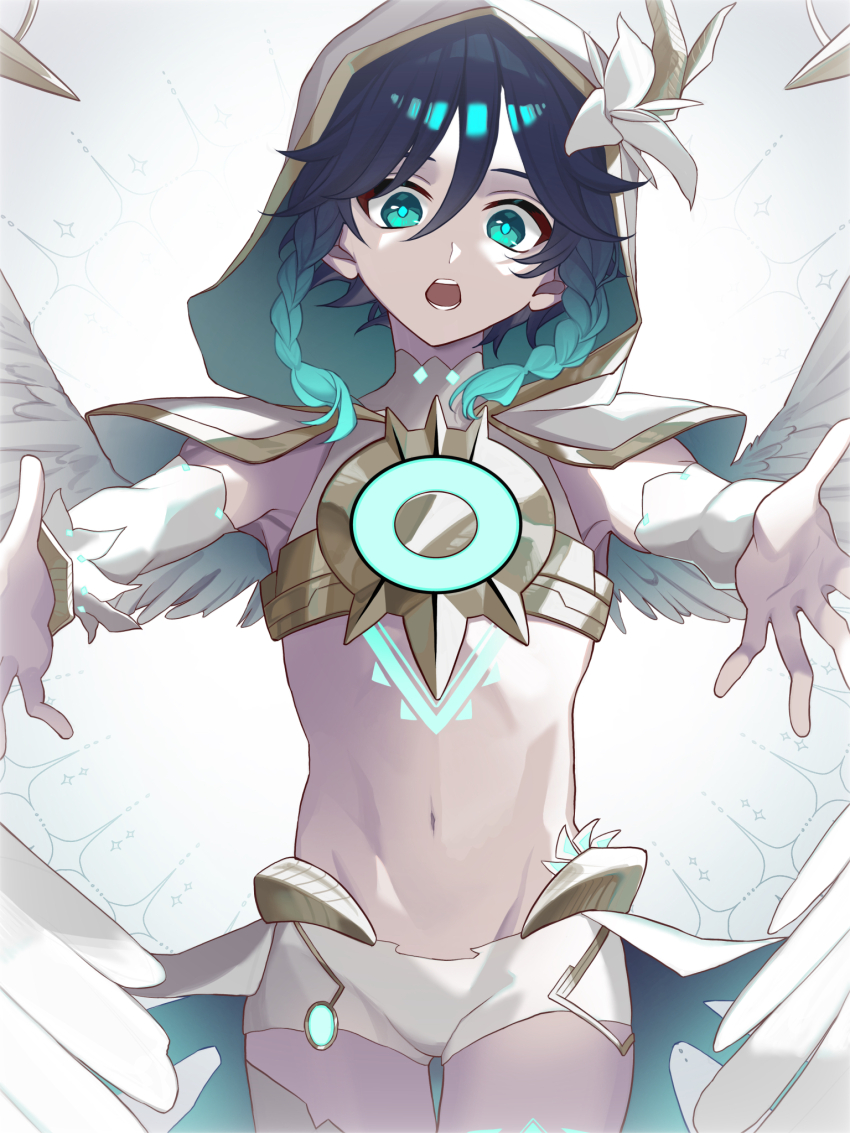1boy, armpits, bare_shoulders, blue_hair, braid, bridal_gauntlets, capelet, cecilia_flower_(genshin_impact), chest_tattoo, commentary_request, cowboy_shot, crop_top, feathered_wings, flower, genshin_impact, glowing, glowing_tattoo, gradient_hair, green_eyes, groin, hair_between_eyes, hair_flower, hair_ornament, highres, hood, hood_up, hooded_capelet, leg_tattoo, looking_at_viewer, male_focus, midriff, momonga_damon, multicolored_hair, navel, official_alternate_costume, open_mouth, outstretched_arms, shirt, short_hair_with_long_locks, short_shorts, shorts, side_braids, sidelocks, single_thighhigh, solo, tattoo, teeth, thighhighs, toned, toned_male, twin_braids, venti_(archon)_(genshin_impact), venti_(genshin_impact), waist_cape, white_capelet, white_flower, white_shirt, white_shorts, white_wings, wings