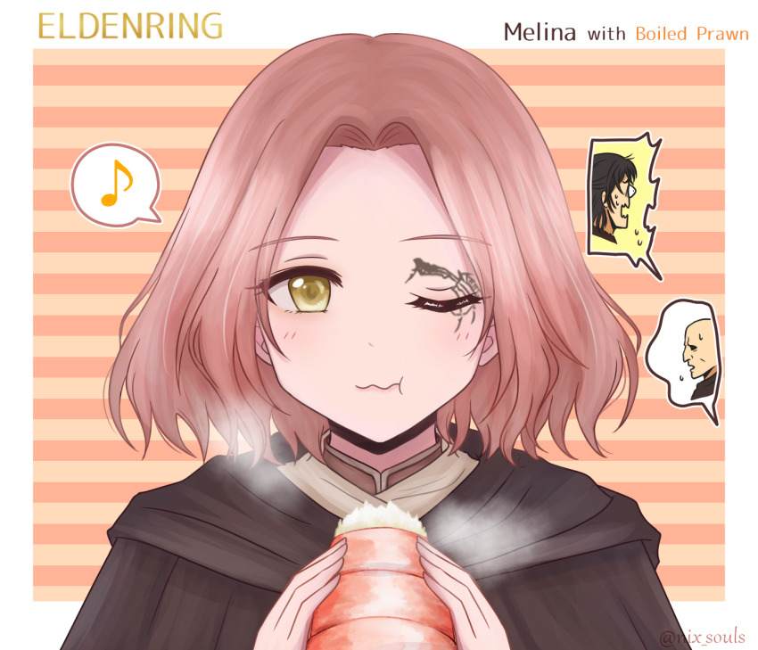 1girl, 2boys, aseo_(elden_ring), brown_hair, cape, chibi, clover-tsubaki, commentary_request