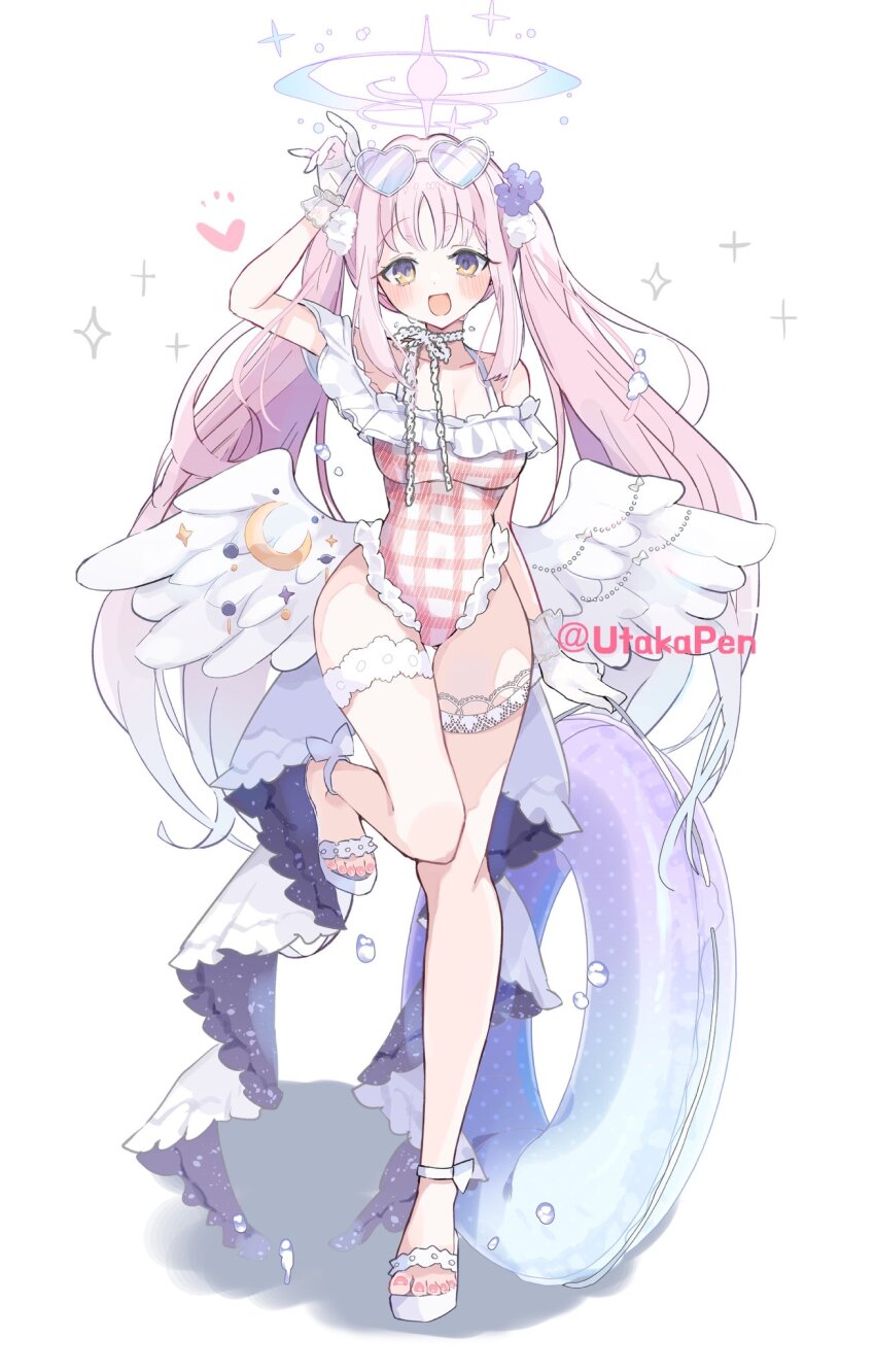 1girl, angel_wings, arm_up, blue_archive, blush, breasts, cleavage, commentary