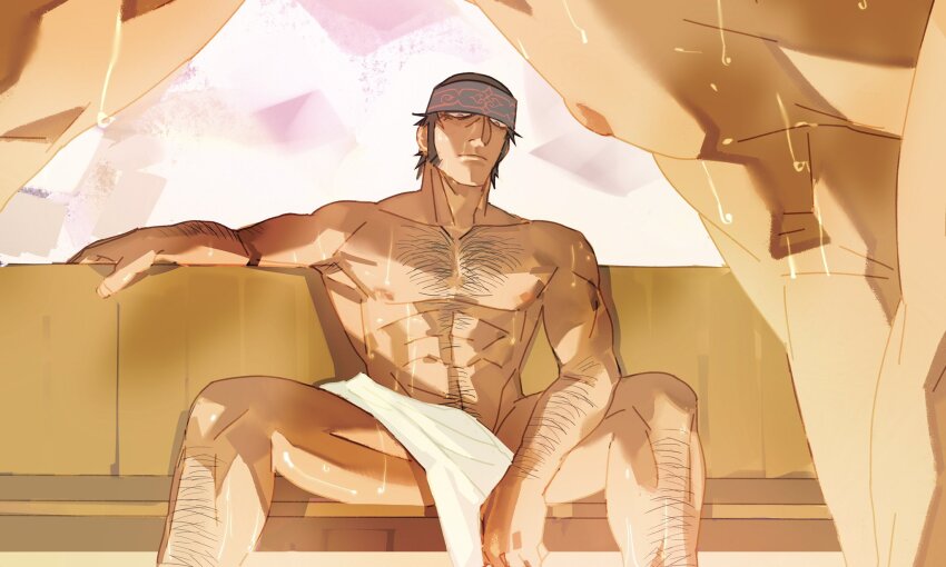 2boys, abs, ainu_clothes, bara, feet_out_of_frame, from_below, golden_kamuy, hairy