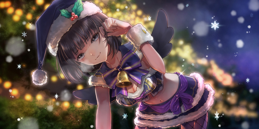 1girl, bell, bent_over, black_hair, black_wings, blue_hat, blue_reflection_(series), blue_reflection_sun